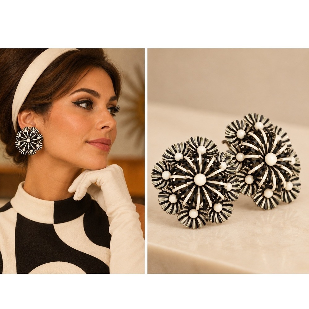 Vintage Clip On Earrings Women Black White Enamel Floral Cluster